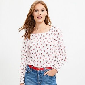 NWT LOFT Floral Puff Sleeve Square Neck Top White Rose Size M